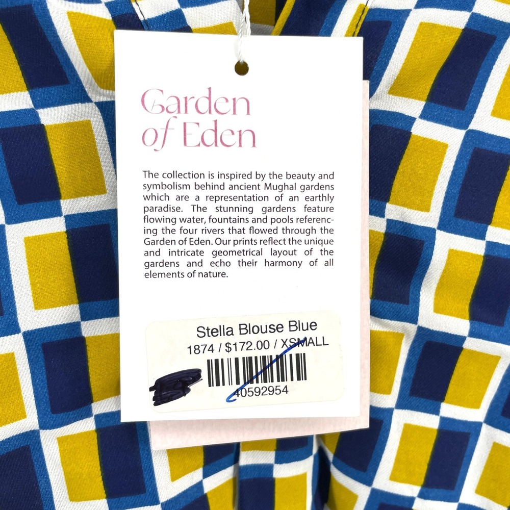 BEYOND by Vera‎ Stella Blouse Womens XS Blue Geometric Print Bell Sleeve NWT - Picture 2 of 11